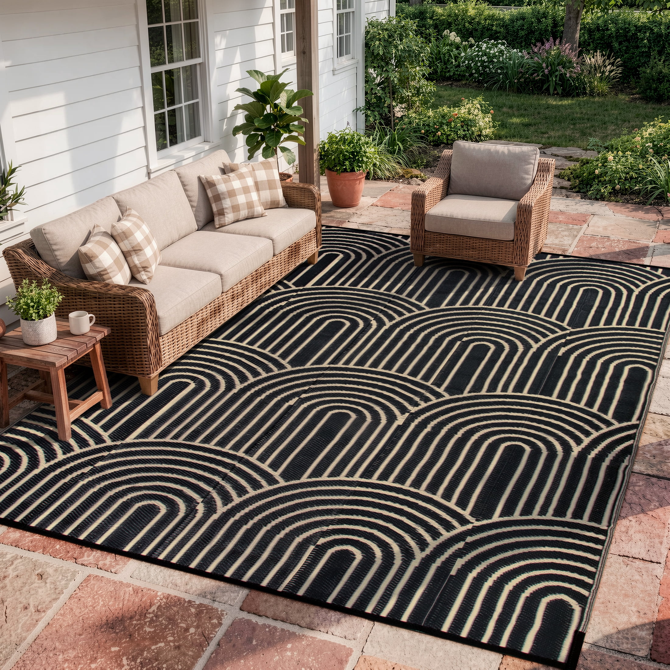 Wonnitar Large Outdoor Rugs Waterproof 8'x10' Reversible Plastic Straw Rug, Modern Rainbow Outside Carpet for RV Patio Deck Porch Balcony Picnic Camping Beach, Black&Brown-Rainbow
