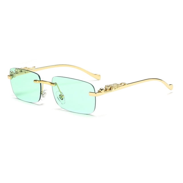 Gafas de sol sin montura con personalidad decorativa de guepardo, gafas de color para hombres y mujeres, gafas de sol retro de metal con cabeza de leopardo