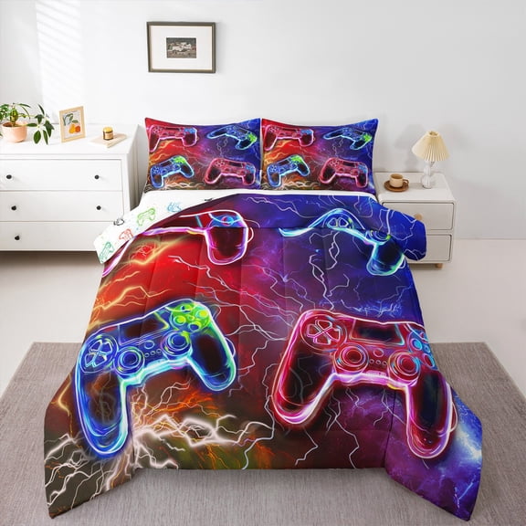 Gaming Comforter Set - Gamer Comforter Twin Bedding Sets , Red Blue Lightning Design Gamer Room Decor