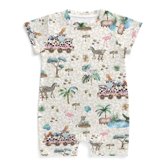 Watercolor Safari Animals Train Baby Rompers Outfits Infant Girls Boys Giraffe Leopard Zebra Hippo Monkey Flamingo Baby Bodysuits Summer Jumpsuits