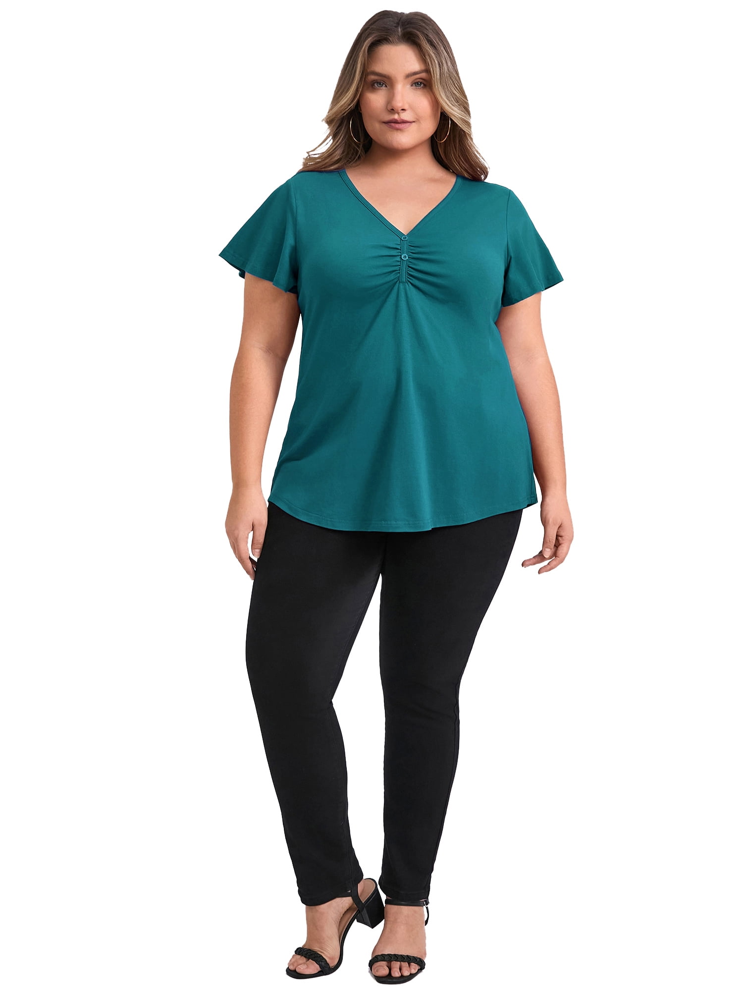 DARING DIVA Women's Plus Flutter Sleeve V Neck Blouse 3X Teal