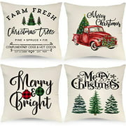 Laveve Farmhouse Christmas Pillow Covers, 18X18 Set Of 4 Christmas Decor Throw Pillows Buffalo Plaid Christmas Decorations Red Truck Buffalo Check Throw Pillow Covers
