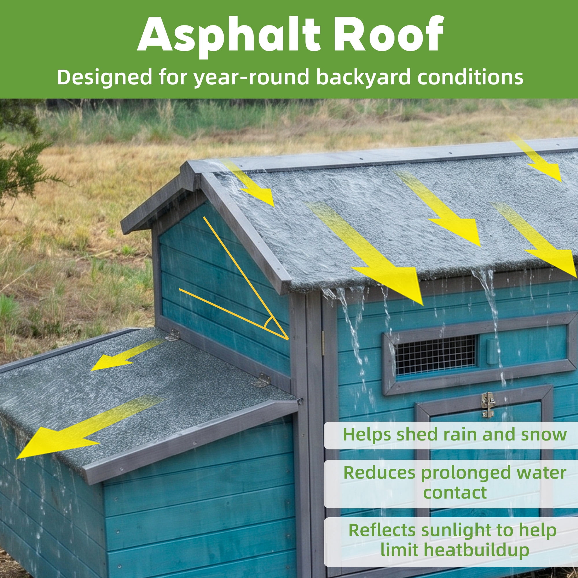 Weatherproof 114-Inch Wooden Chicken Coop with Outdoor Run, Hen House with Nesting Box and Lockable Doors for 2-3 Chickens, Blue-Gray