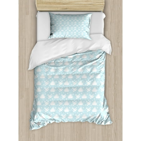 Nursery Airplane Twin Size Duvet Cover Set, Baby Kintergarden Theme Pattern Biplanes Amoung Clouds Stars Dots, Decorative 2 Piece Bedding Set with 1 Pillow Sham, Baby Blue and White, by Ambesonne