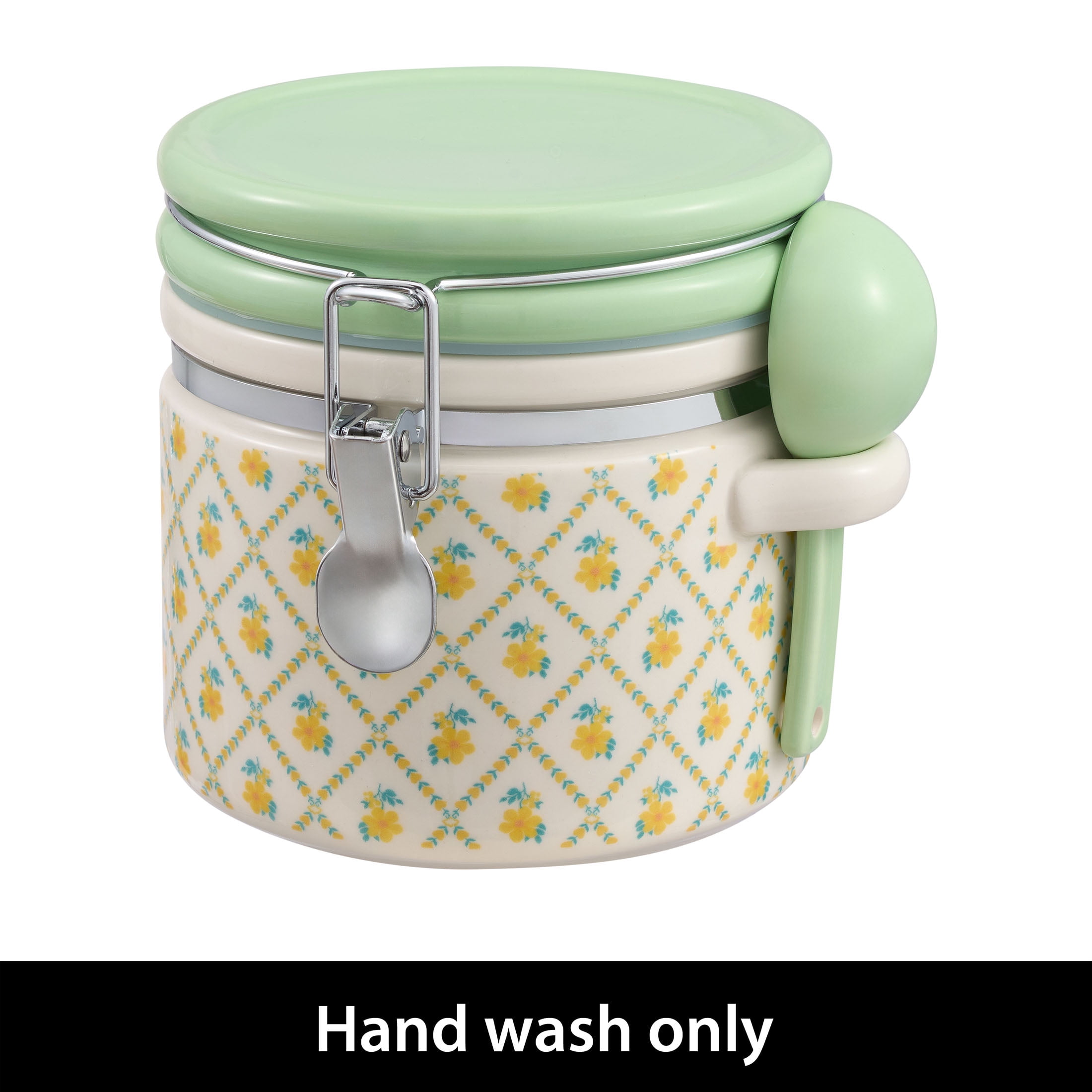 (4 pack) The Pioneer Woman Stoneware Painted Meadow Medium Canister with Lid and Ceramic Spoon, Ideal Use for Pantry Organization and Food Storage
