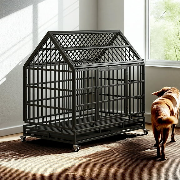 Pefilos 48" Heavy Duty Dog Cage with Wheels, Folding Metal Kennel and Crate for Medium and Large Dogs, Pet Playpen with Pointed Roof and Removable Tray, Black