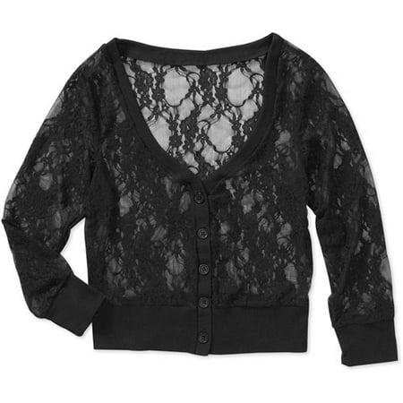 Juniors Plus Lace Button Front Cardigan