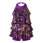 ZDHoor Girls Shiny Sequins Ballerina Unitard Leotard Halter Modern Latin Dance Costume Purple 4