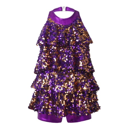 ZDHoor Girls Shiny Sequins Ballerina Unitard Leotard Halter Modern Latin Dance Costume Purple 8