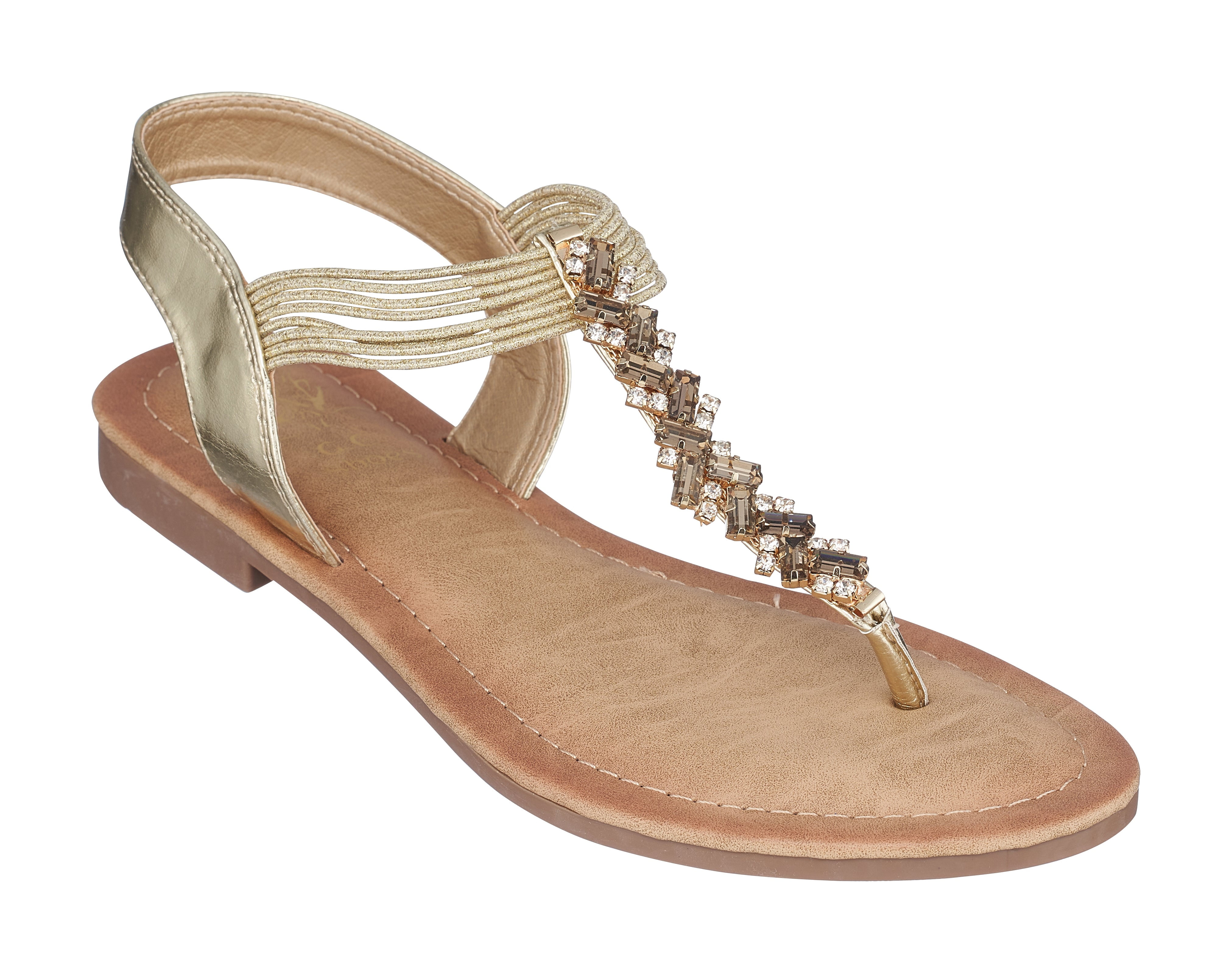 GC Shoes Women's Jeweled T Strap Flat Sandals, Dressy Elastic Summer Ankle Flats, Comfortable