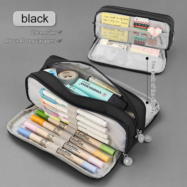 Large Capacity Pencil Case Pencilcase Zipper Cute School Box Pencils Pouch Student Study Stationery Supplies. Black canvas pencil case with dimensions of 21.5 x 7 x 9 cm, featuring three compartments for organized storage. Holds up to 50 pencils, post-it notes, and other stationery. Includes a durable metal zipper pull and elastic loops for securing pens and markers. Multifunctional design suitable for use as a cosmetic bag, craft bag, or travel accessory pouch. Displayed open with stationery items neatly arranged inside.