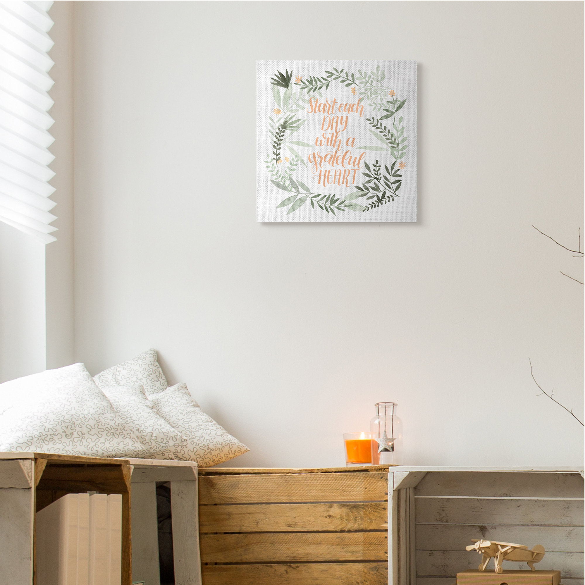 Grateful Heart Phrase Soft Green Floral Plants Botanical & Floral Gallery-Wrapped Canvas Print Wall Art, 17x17