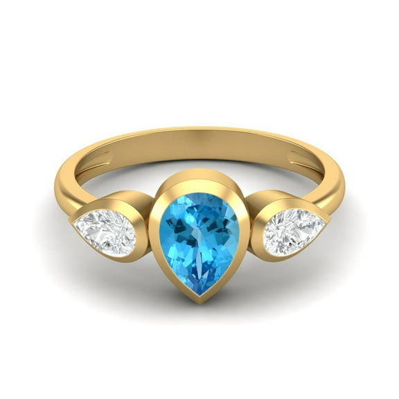 1.25 Cts Bezel set Pear Swiss Blue Topaz 925 Sterling Silver Gold Vermeil Three Stone Women Valentines Day Gifts Ring