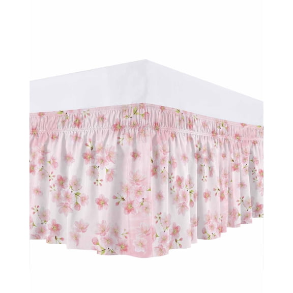 Spring Pink Flower Bed Skirt King Size 16 Inch Drop, Cherry Blossom Floral Plant Gradient Adjustable Elastic Dust Ruffles Bedskirt for King Bed Wrap Around Pleated Mattress Frame Cover