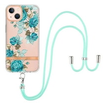 Flower Pattern Case for iPhone 14 Plus, Detachable Shoulder Strap Lanyard Crossbody Slim Lightweight Cover with Soft Silicone Shockproof Drop Resistant Case for iPhone 14 Plus,Blue Rose