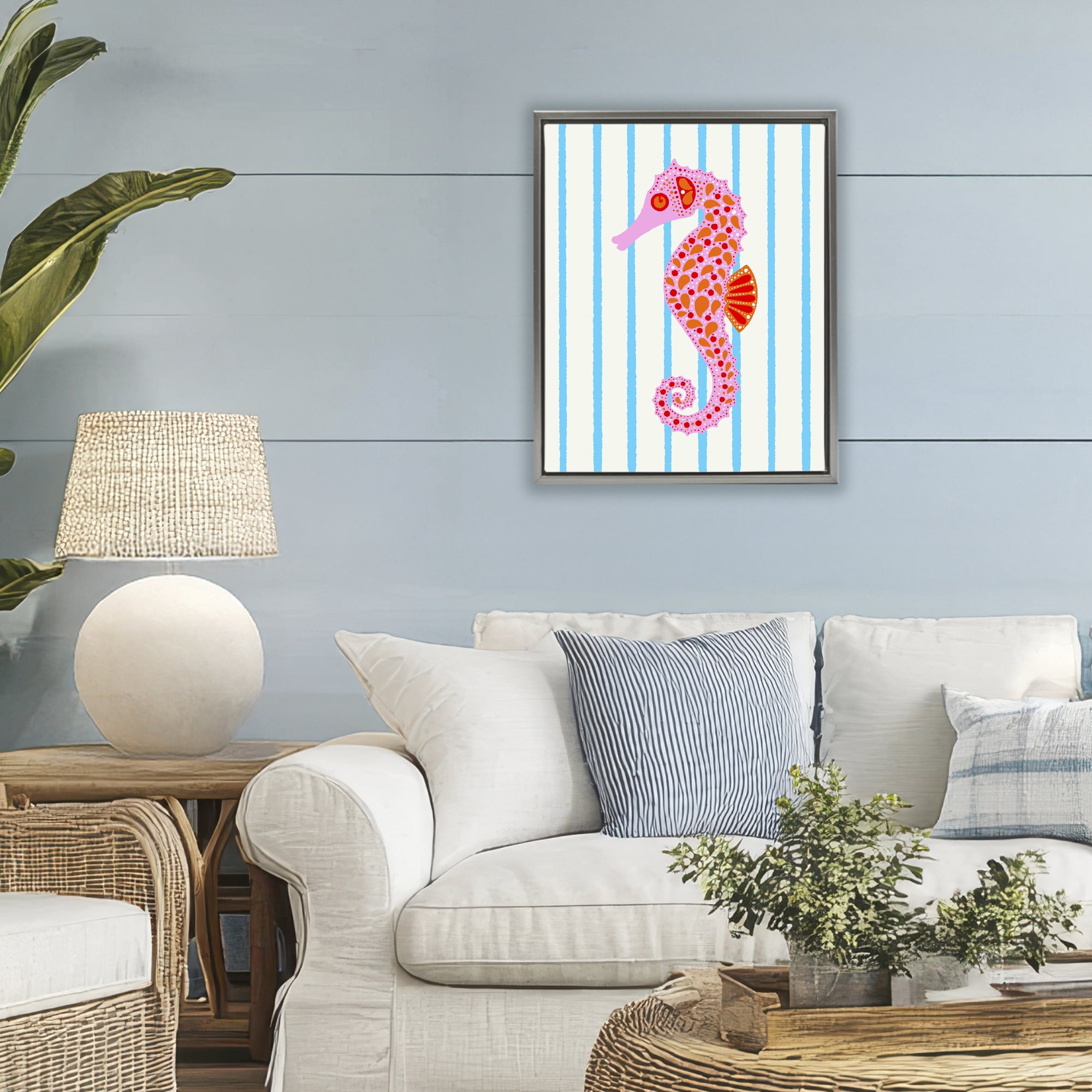 Stupell Industries Boho Seahorse on Stripes Gray Framed Floater Canvas Wall Art, design by Indira Prieto | IndySign