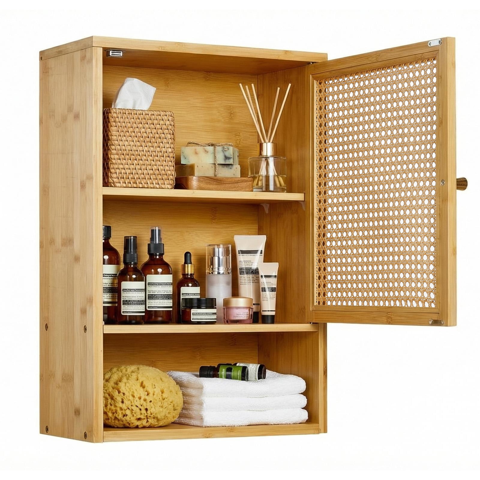 15.74''x 7.87''x 23.62'' Bamboo Bathroom Wall Cabinet with Rattan Door and Adjustable Shelf, Wall Mounted Medicine Cabinet Storage Organizer for Bathroom, Laundry Room, Kitchen, Living Room, Brown