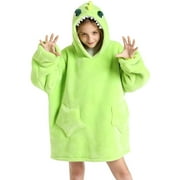 CYRBOKO Girls Hooded Pajama Tops, Thermal Long Sleeve Soft Dinosaur Loungewear with Pockets Green Size 6-12 T