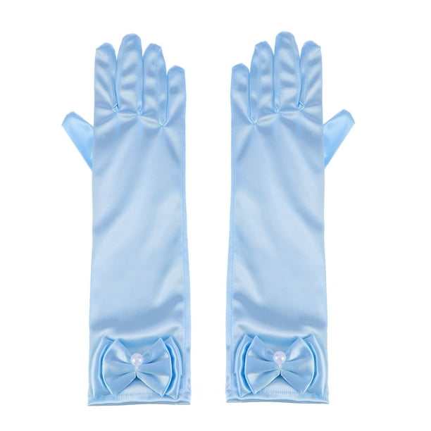 1 par de guantes largos de satén con lazo para niña de las flores, para boda, fiesta de noche (azul claro)