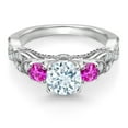 thumbnail image 2 of Gem Stone King 925 Sterling Silver Sky Blue Aquamarine Pink Sapphire and White Moissanite Engagement Ring for Women (1.28 Cttw, Gemstone March Birthstone, Round 6MM and 3MM, Size 8), 2 of 4