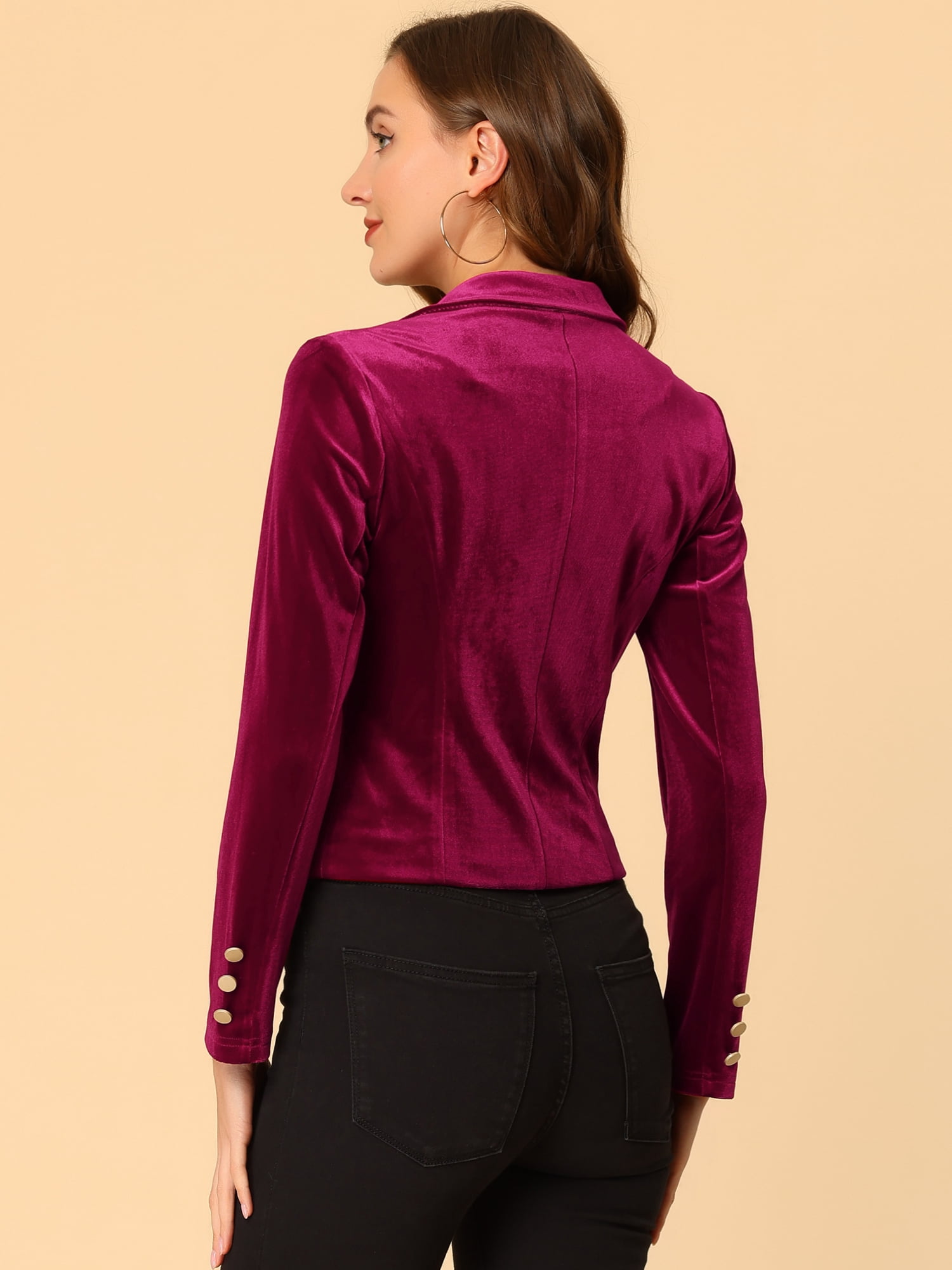 DARING DIVA Women's Button Front Velvet Blazer Lapel Crop Suit Jacket XS Burgundy