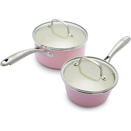 GreenLife Artisan Healthy Ceramic Nonstick  1QT and 2QT Saucepan Pot Set with Lids  Stainless Steel Handle  PFAS-Free  Dishwasher Safe  Oven Safe  Soft Pink