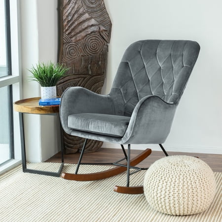 Rocking Chair, Mid Century Modern Velvet Armchair with Solid Wood and Metal Frame, Dark Grey Upholstery with Foam Cushioning for Living Room, Bedroom, and Nursery, Solid Back