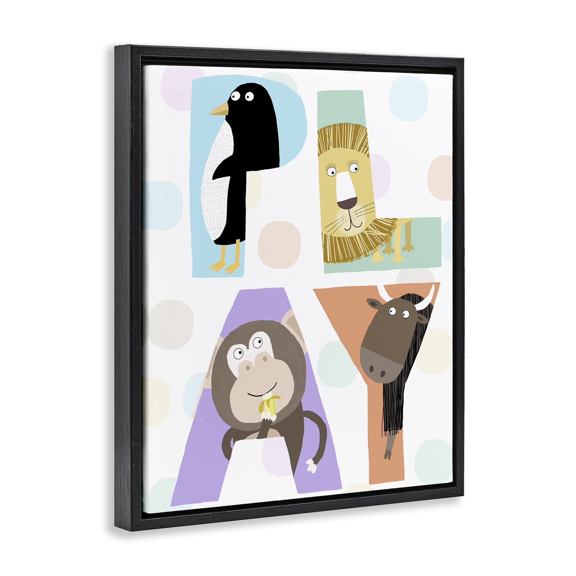 Stupell Industries Play Letters with Animals Black Framed Floater Canvas Wall Art, design by Carla Daly