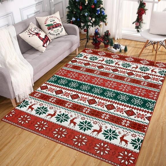 Garvee 5x7ft Christmas Area Rugs Washable Xmas Decoration Carpet, Cheerful Reindeer Print Pattern Soft Carpet, Non Slip Low Pile Indoor Mats for Living Room Bedroom Office, Green Red