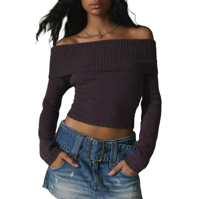 Faithtur Women's Spring Autumn Knit Tops Solid Color Long Sleeve Off Shoulder Slim Knitwear