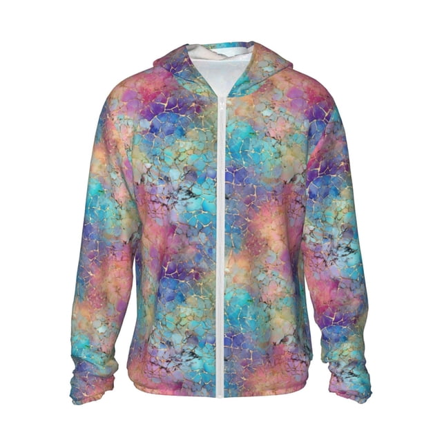 Fotbe blue pink colorful cracked texture Chaqueta con Protección Solar UPF 50+ para Hombre y Mujer, Camisa con Capucha y Bolsillos-Small