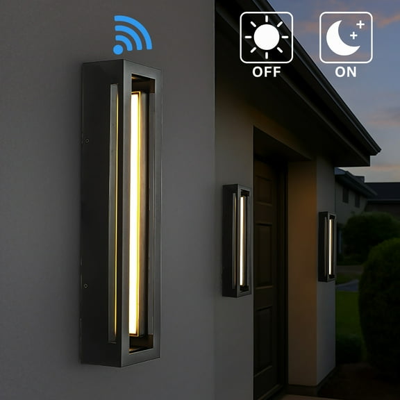 H20" Modern Outdoor Wall Light with Dusk to Dawn Sensor Linear Matte Black 30W Integrated LED Wall Sconce with Acrylic Shade for Porch Garage Entryway