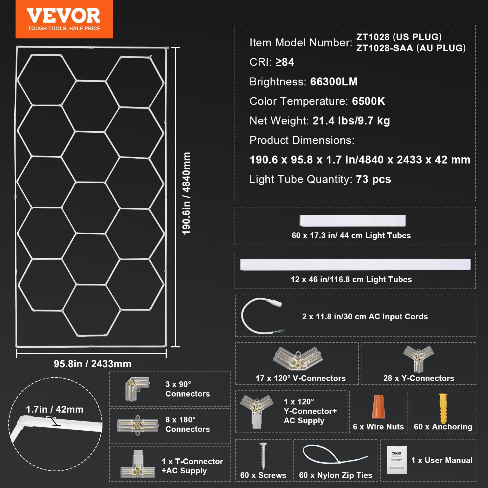 VEVOR Hexagon Garage Lights, 66300LM, 6500K 15 Grid Systems Honeycomb Hexagonal Garage LED Lights, DIY Cool White Car Detailing Garage Ceiling Lighting Bright Shop Light for Gym Basement Workshop
