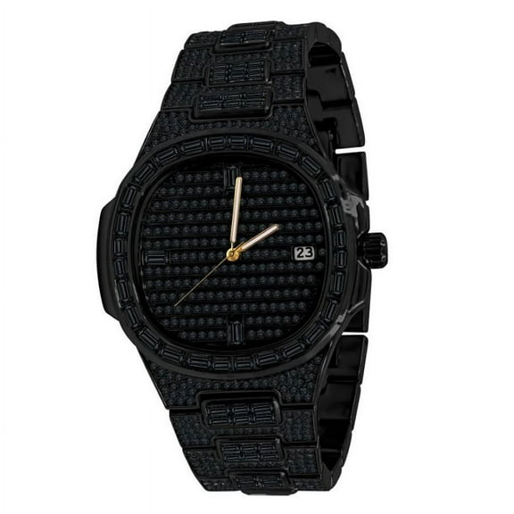 18K Black Gold Finish Baguette/Round Cut Simulated Diamond 5 ATM Water Resistant Solid Stainless Steel Back Mens Iced Watch W/Date Function 42mm