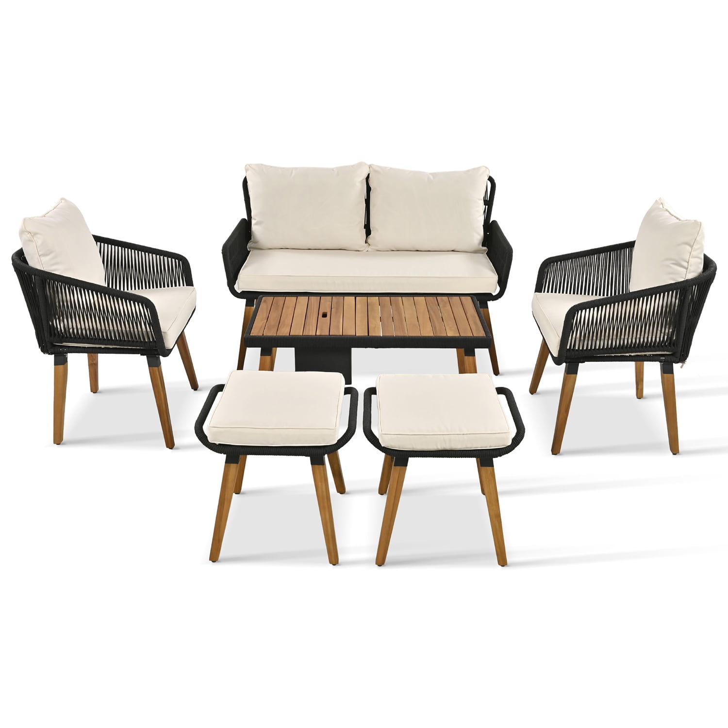 Aimee Lii Outdoor Patio Acacia Wood & Rope 6-Piece Furniture Set with Ice Bucket, Patio Conversation Set with Ottomans, Beige
