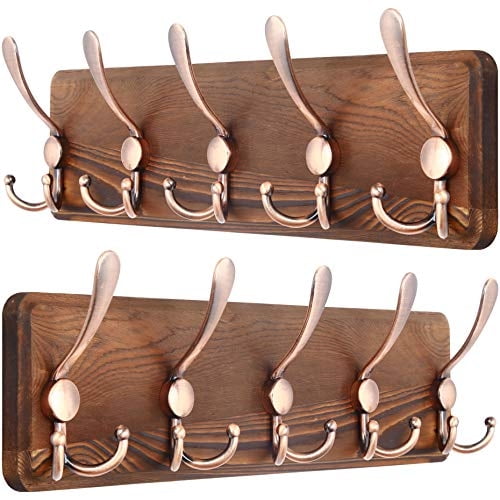 Soporte pared SKOLOO rústico: 16'' holgura, tablón madera pino 5 ganchos triples, percha granja colgar mochila, chaqueta, abrigo, sombrero, pack 2