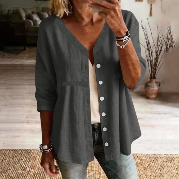 LEKWK 3/4 Length Sleeve Womens Tops Button Down V Neck Comfy Linen Shirts Loose Fit Skin Friendly Soft Lightweight Casual Tops