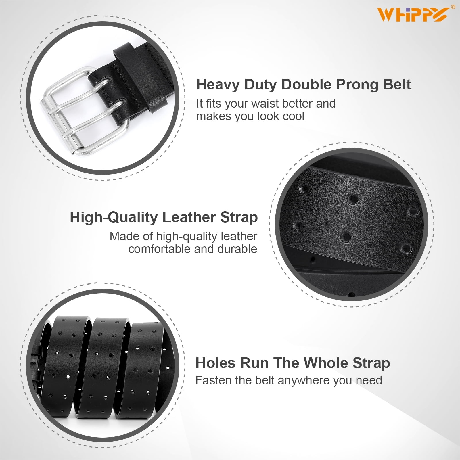 WHIPPY High-Quality Leather Belt for Men, Double Prong
