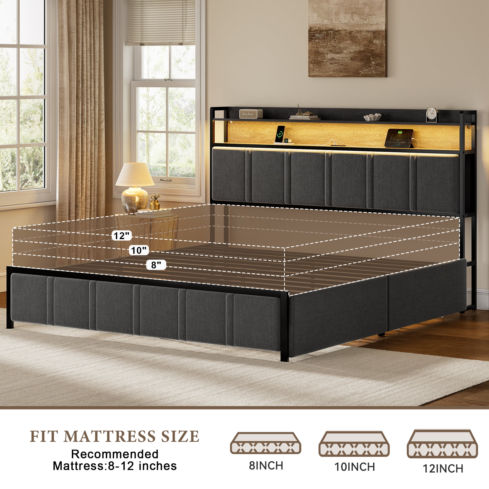 GUNAITO King Bed Frame with Storage Headboard, 2 Drawers Platform Upholstered LED Bed Frame with USB Ports & Outlets Gray