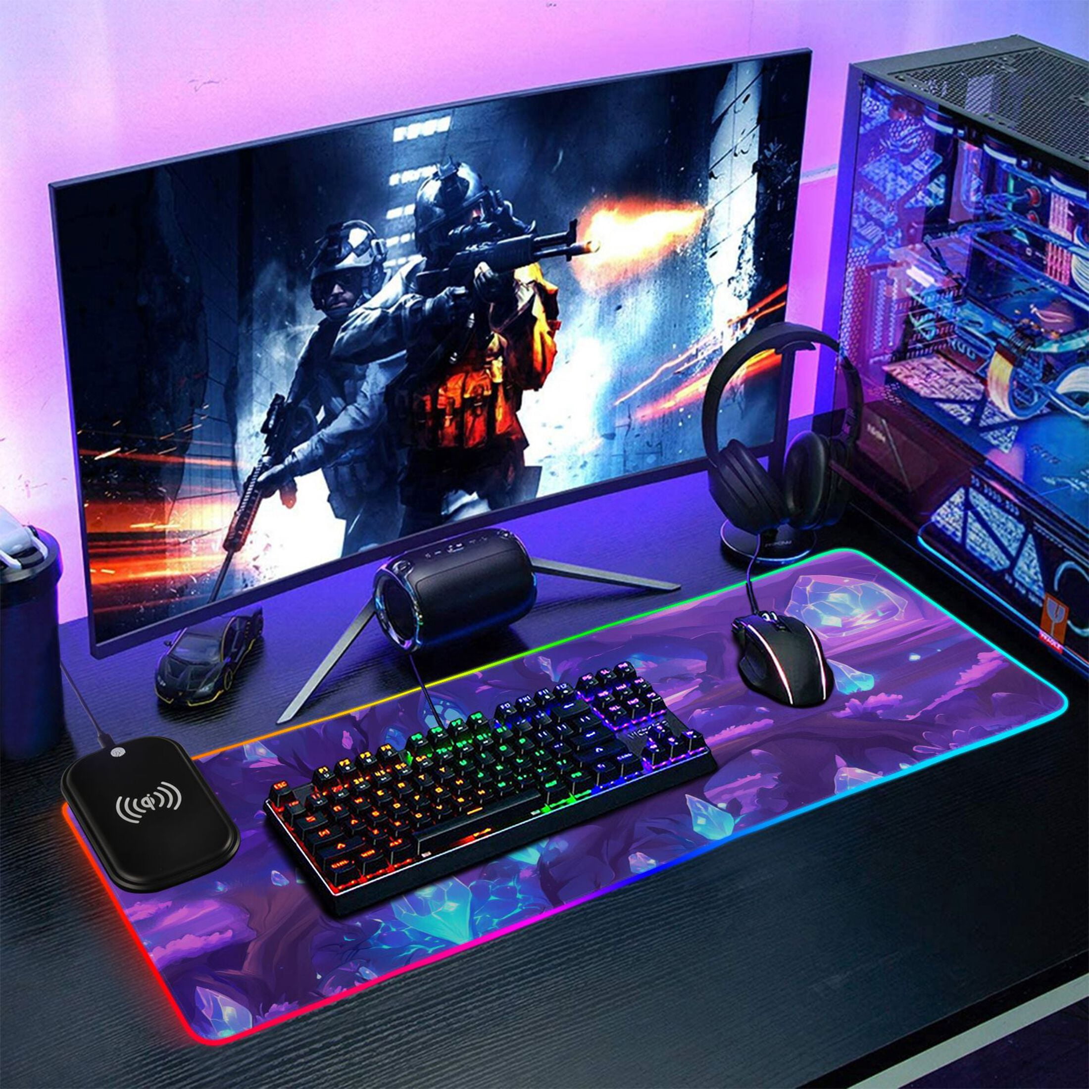 Purple Crystal Forest Large RGB Gaming Mouse Pad with Fast Wireless Charging, 31.5''x11.8''