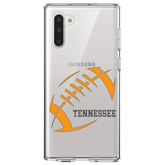 DistinctInk Clear Shockproof Hybrid Case for Samsung Galaxy Note 10 (6.3" Screen) - TPU Bumper, Acrylic Back, Tempered Glass Screen Protector - Tennessee Football - Orange, Smokey