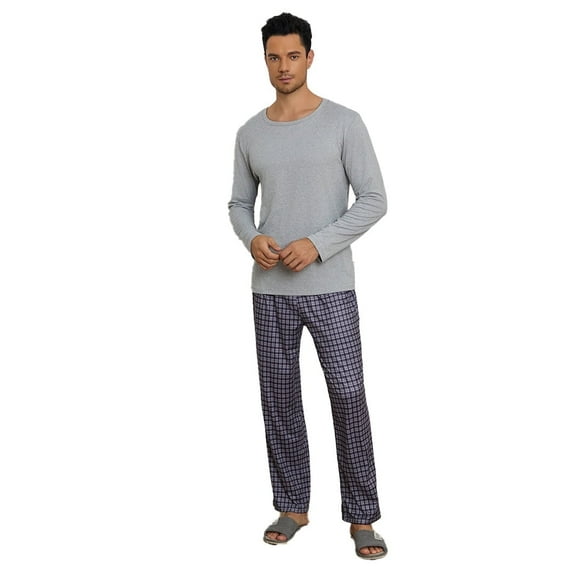 Men's pajama set with long sleeves and long pants, round neck, suitable for casual wear and can be worn outside, as a home wear outfit.