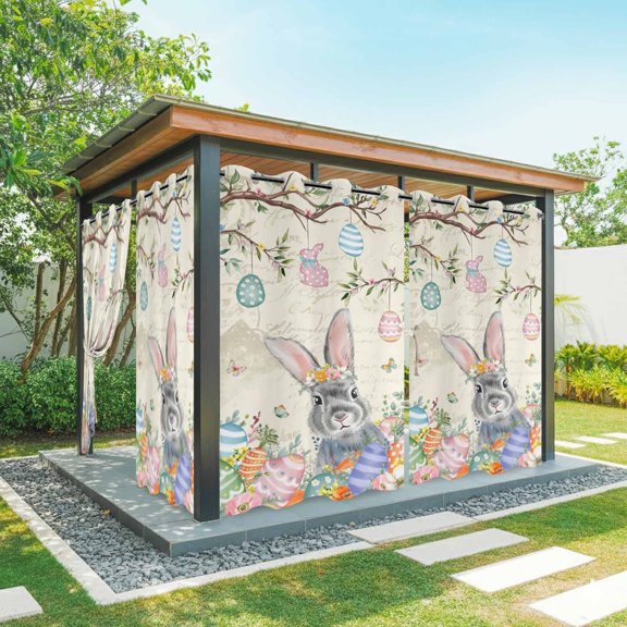 Outdoor Curtains for Patio Waterproof, Easter Outdoor Privacy Panels Grommet, Spring Grey Bunny Colorful Eggs Tree Butterfly Blackout Outside Curtains for Porch/Cabana 54"x84", 2 Panels