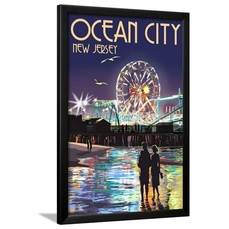 Ride Print Jersey - Ocean City, New Jersey - Pier and Rides at Night Framed Print Wall Art By Lantern Press