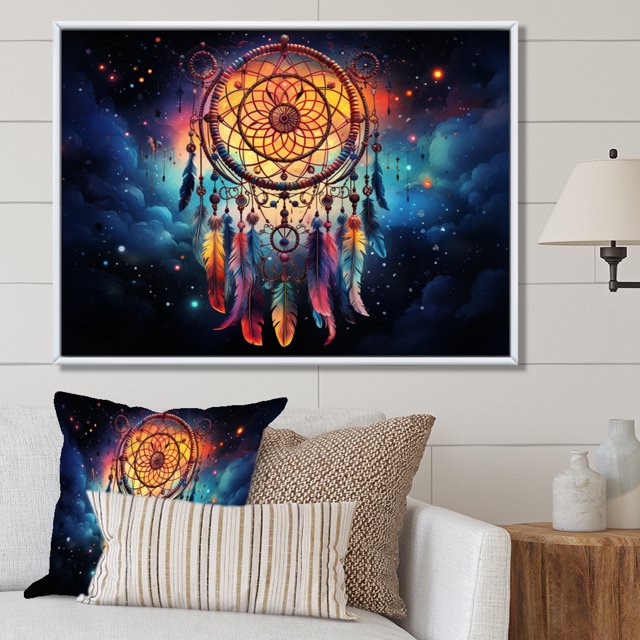 Designart Dream catcher framed wall Art, Colorful Dreamcatcher curious Dreams , Dream catcher Large framed wall art decor, Multi-Color Traditional White Framed Wall Art, White Color Frame