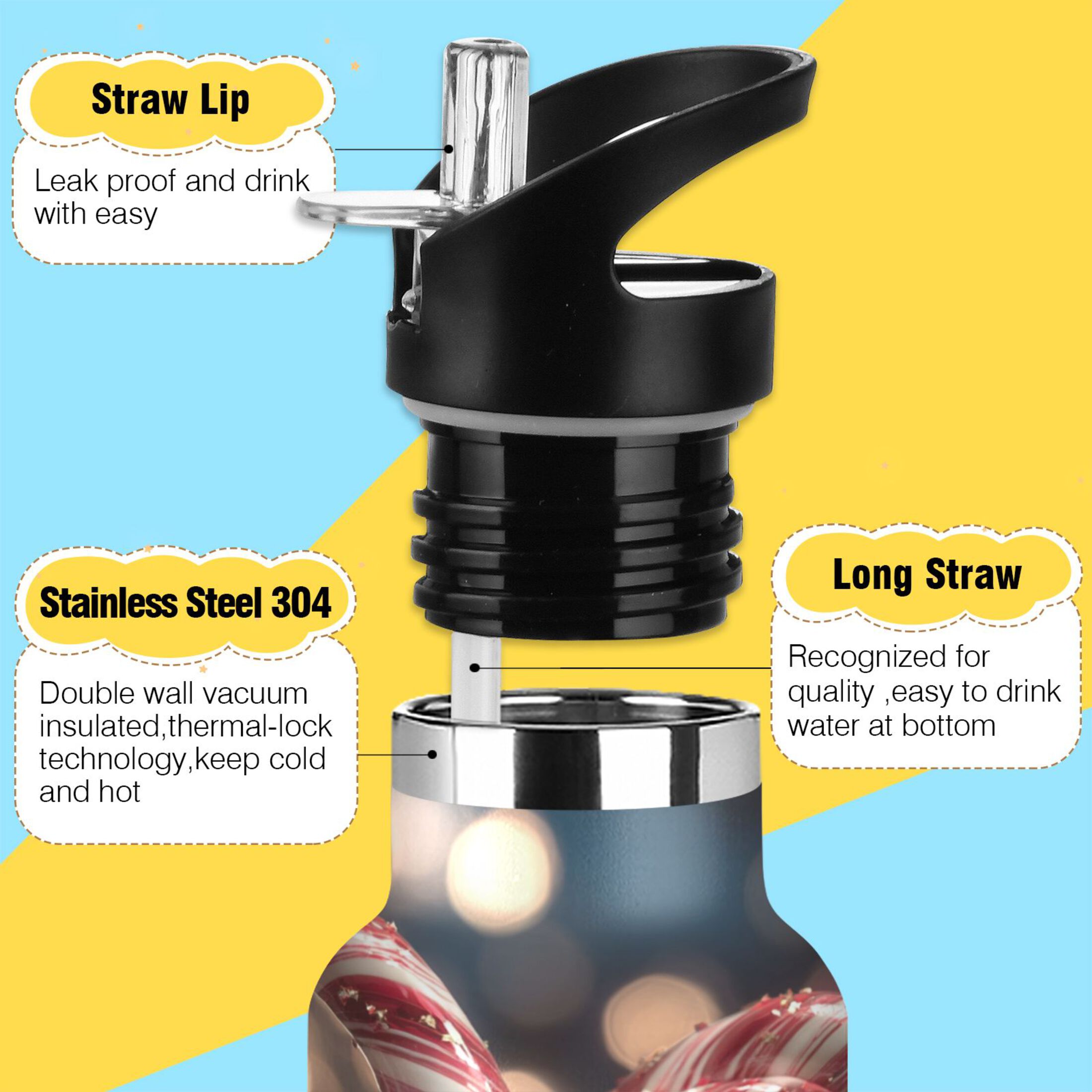 600ML Stainless Steel Insulated Cup Sports Water Bottle Portable Thermos Cup Water Glasses Insulated Tumblers Convenient and Durable Beautiful Christmas Candy Canes