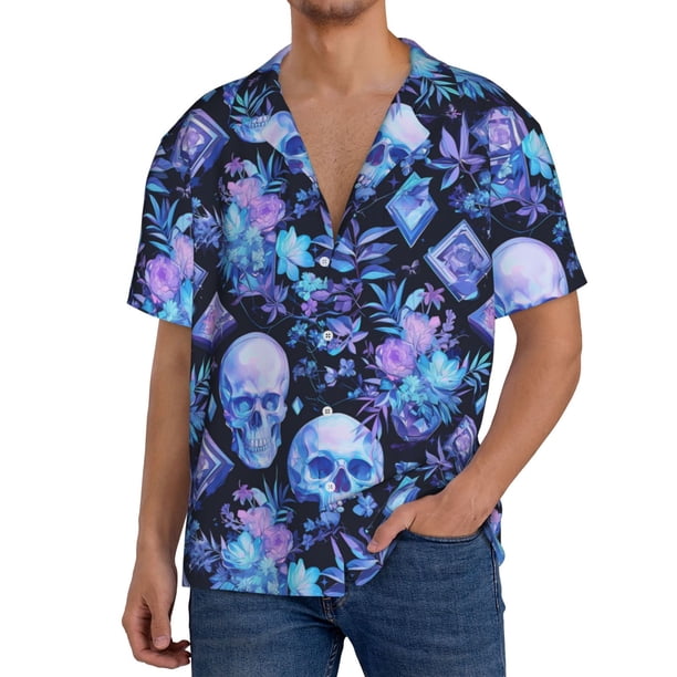 Fotbe Skull blue crystal flower Camisa Estampada de Manga Corta para Hombre, Casual de Verano, Estilo Playero, Sin Arrugas-X-Large