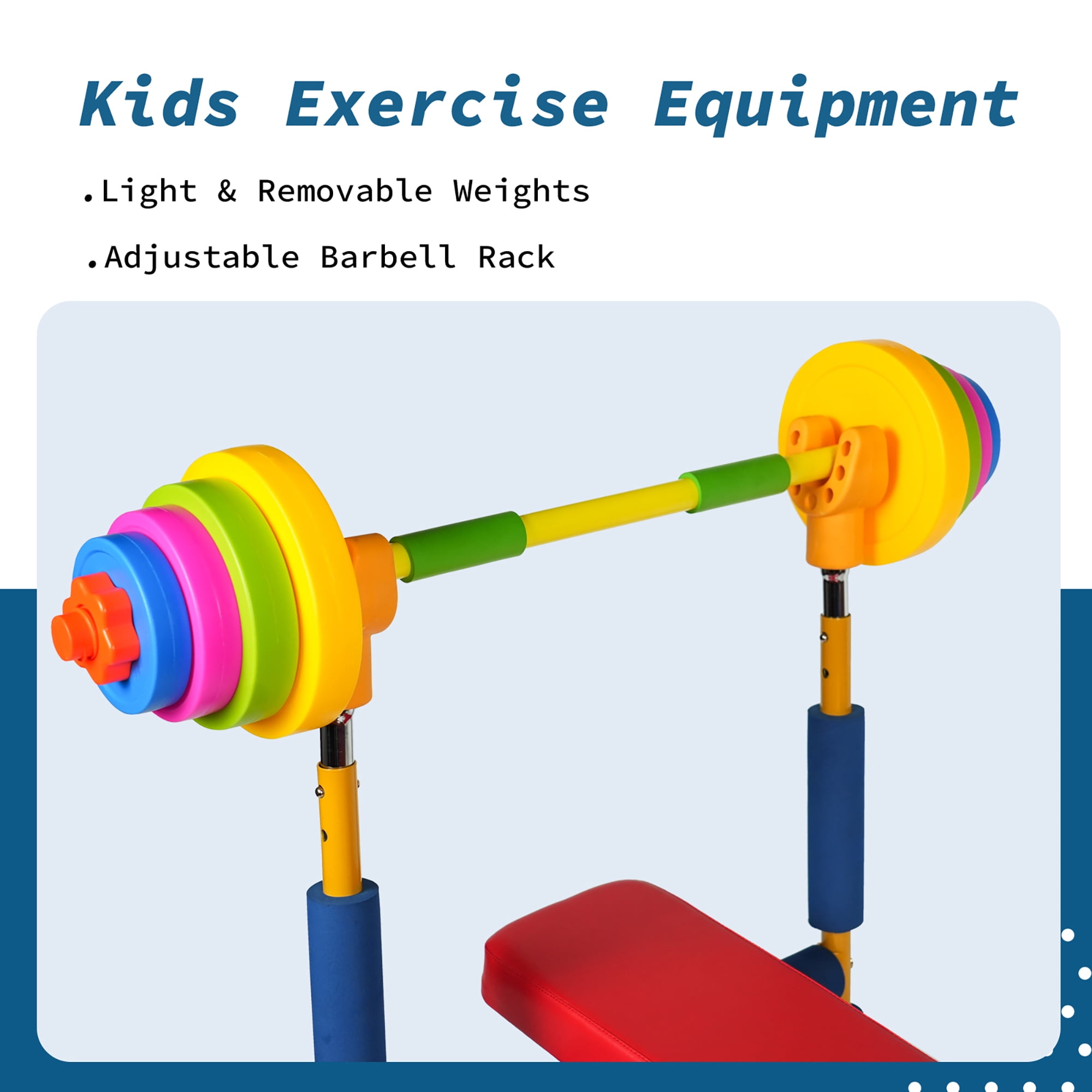 Easy Playhouse: Kids Weight Bench Press - Colorful Adjustable Barbell Rack, Toy Exercise Equipment, Water-Sand Fillable Plates, Foam Wrapped Frame