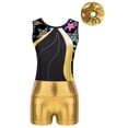 thumbnail image 5 of Doomiva Kids Girls Stylish Print Dance Unitards Sleeveless Color Block Bodysuit with Metallic Shorts Gold 4, 5 of 7