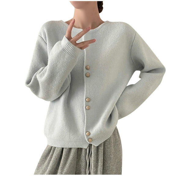 AUNVITO Women's Casual Solid Color Knitted Cotton Cardigan Long Sleeve Round Neck Button Up Comfort Fit Versatile Top